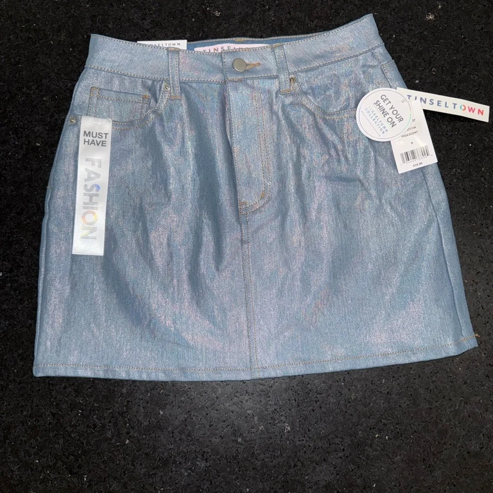 NEW Tinseltown Iridescent Denim Mini Skirt SHINE ON Sz M